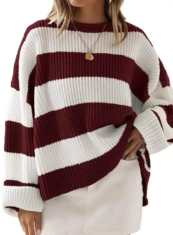 Women's Striped Knitted Sweater - O-Neck, Bell Sleeve, Loose Fit, Y2K Preppy Style, Autumn Winter Fashion