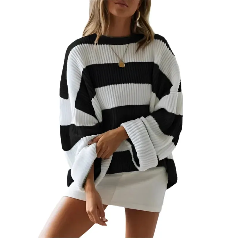 Women's Striped Knitted Sweater - O-Neck, Bell Sleeve, Loose Fit, Y2K Preppy Style, Autumn Winter Fashion