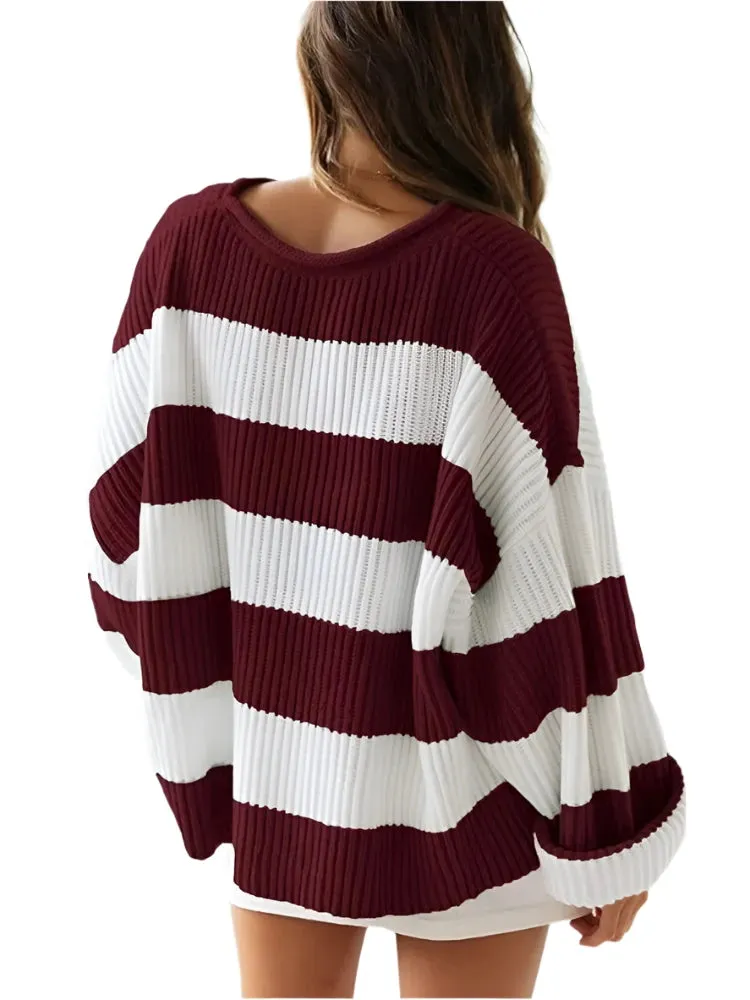 Women's Striped Knitted Sweater - O-Neck, Bell Sleeve, Loose Fit, Y2K Preppy Style, Autumn Winter Fashion