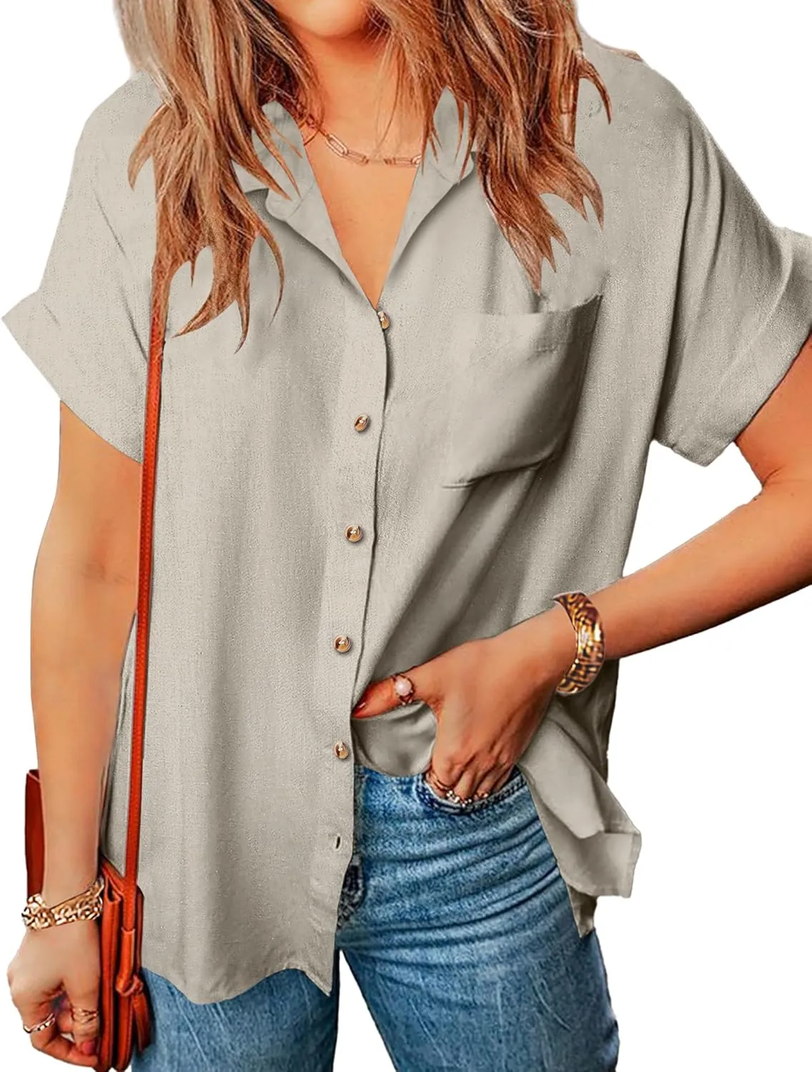 Zeagoo Linen Shirts Cotton Short Sleeve V Neck Collared Blouses