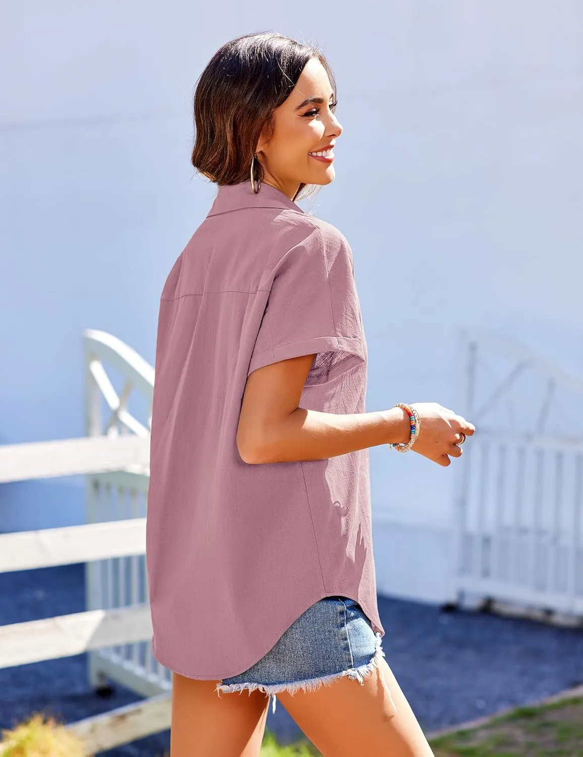 Zeagoo Linen Shirts Cotton Short Sleeve V Neck Collared Blouses