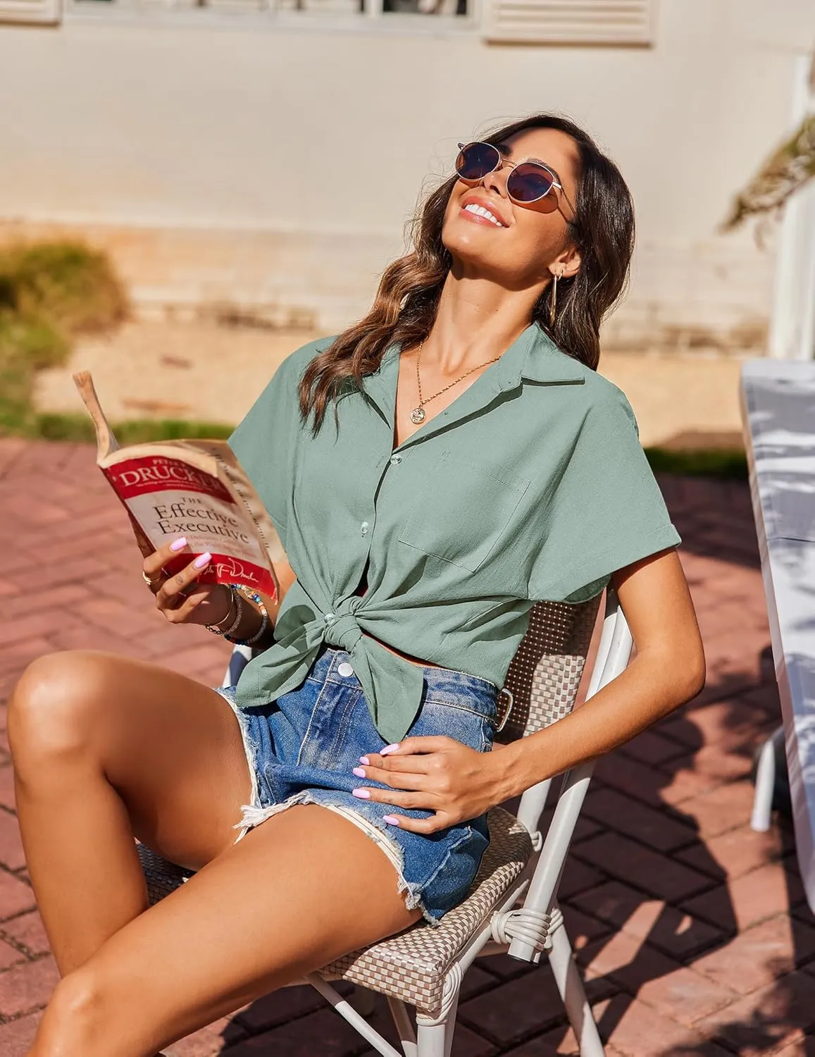 Zeagoo Linen Shirts Cotton Short Sleeve V Neck Collared Blouses