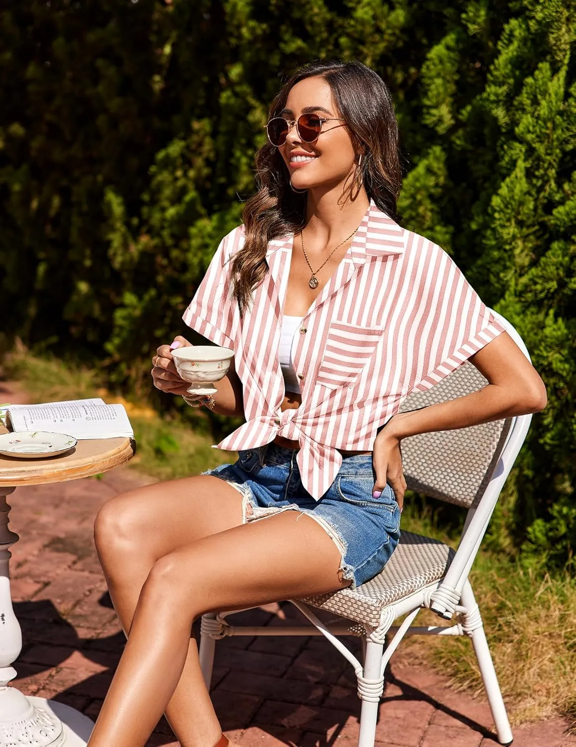 Zeagoo Linen Shirts Cotton Short Sleeve V Neck Collared Blouses