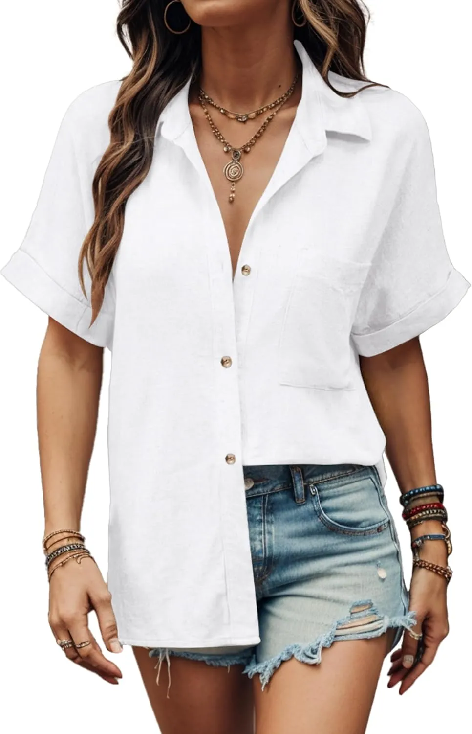 Zeagoo Linen Shirts Cotton Short Sleeve V Neck Collared Blouses