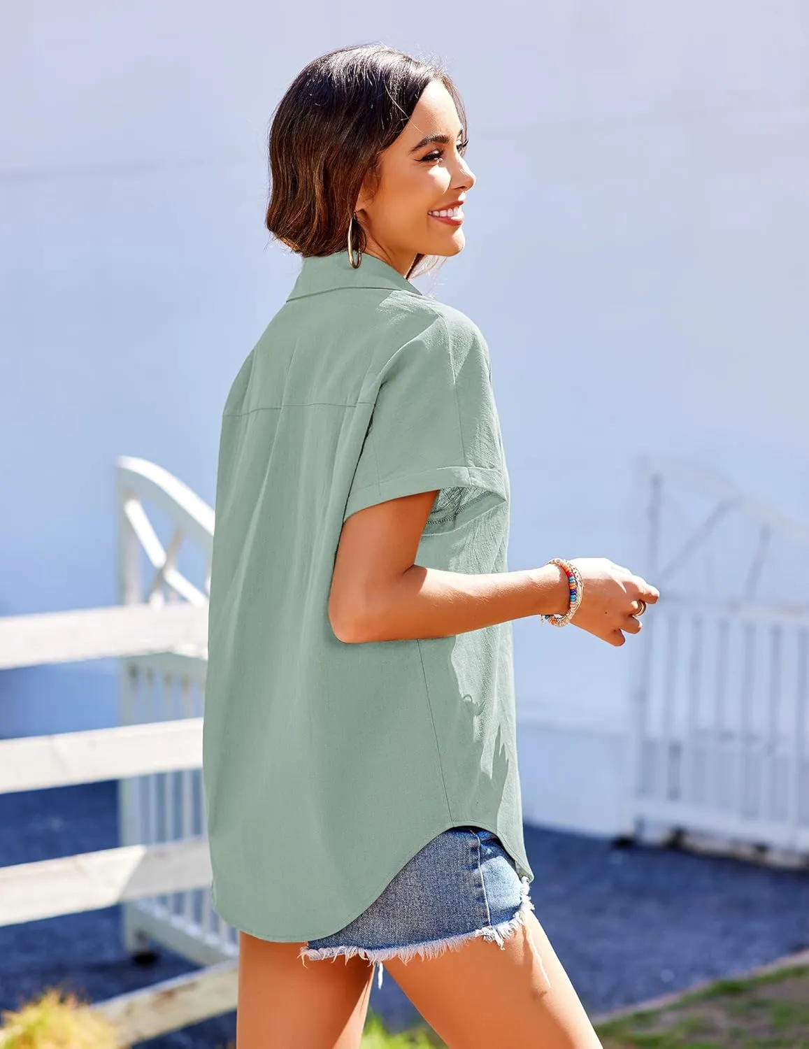 Zeagoo Linen Shirts Cotton Short Sleeve V Neck Collared Blouses