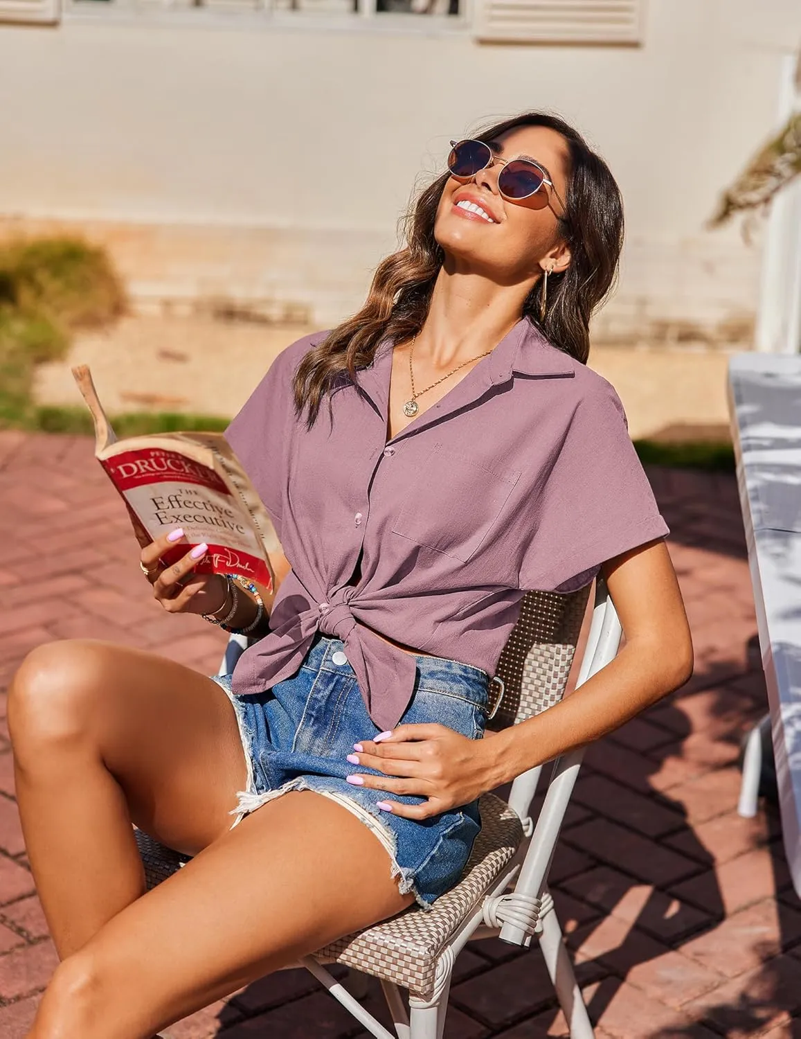 Zeagoo Linen Shirts Cotton Short Sleeve V Neck Collared Blouses