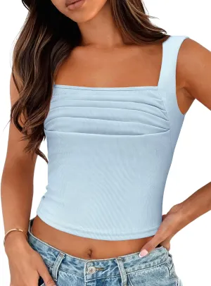 Zeagoo Women's Sleeveless Crop Tops Pleated Square Neck Ribbed Y2K Tank Top Summer Fitted Going Out Tops