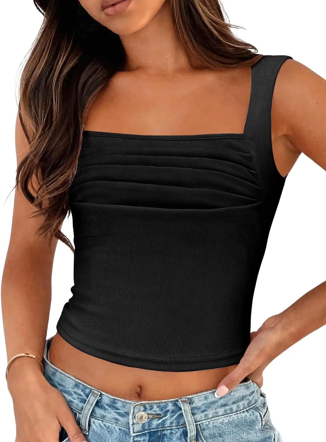 Zeagoo Women's Sleeveless Crop Tops Pleated Square Neck Ribbed Y2K Tank Top Summer Fitted Going Out Tops