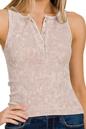 Zenana Summer Fun Ash Mocha Washed Button-Up Ribbed Tank