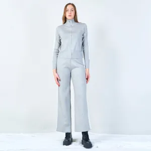 Zip-up turtleneck sweater and wide-leg pants set wholesale